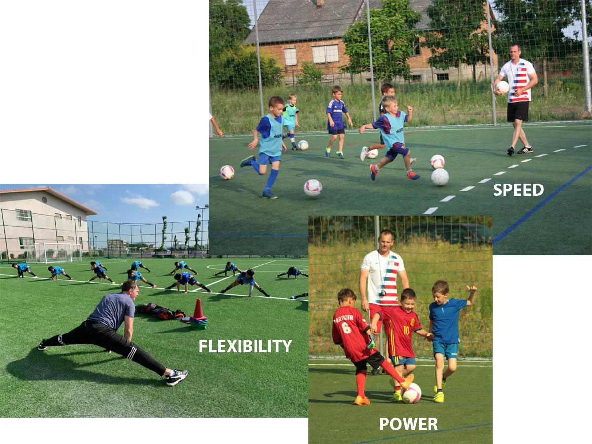 Three pictures combine to create one image of different performance goals for athletes. One photo shows athletes stretching to become more flexible. One picture is when athletes train for speed by running fast with the ball; another photo represents power over the opponent by keeping the ball even you are outnumbered.